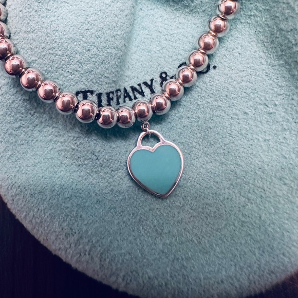 Tiffany mini beaded blue enamel heart bracelet silver - Picture 2 of 8